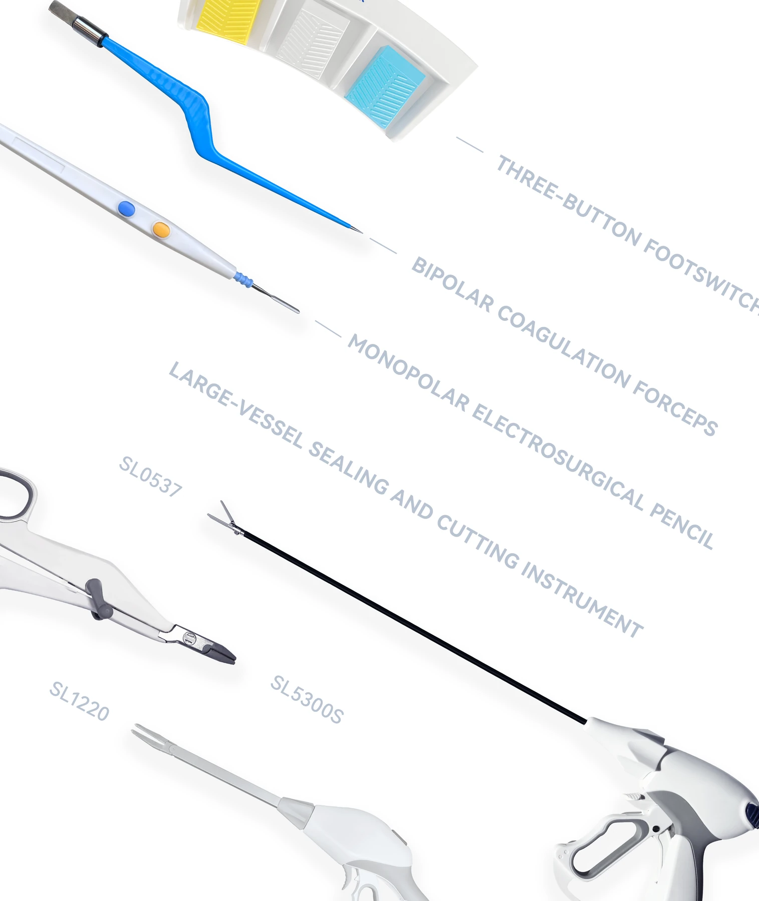 EP-200 accessories: three-button footswitch, bipolar forceps, electrosurgical pencil and vessel-sealing instruments