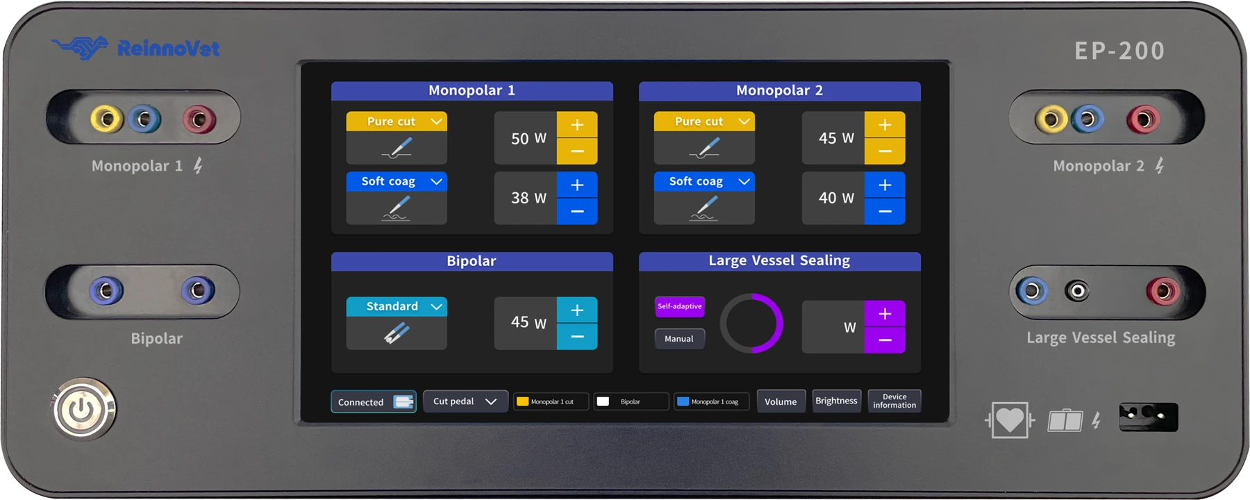 EP-200 front panel: monopolar 1 and 2 above bipolar and vessel-sealing controls; output status and return-electrode connection below
