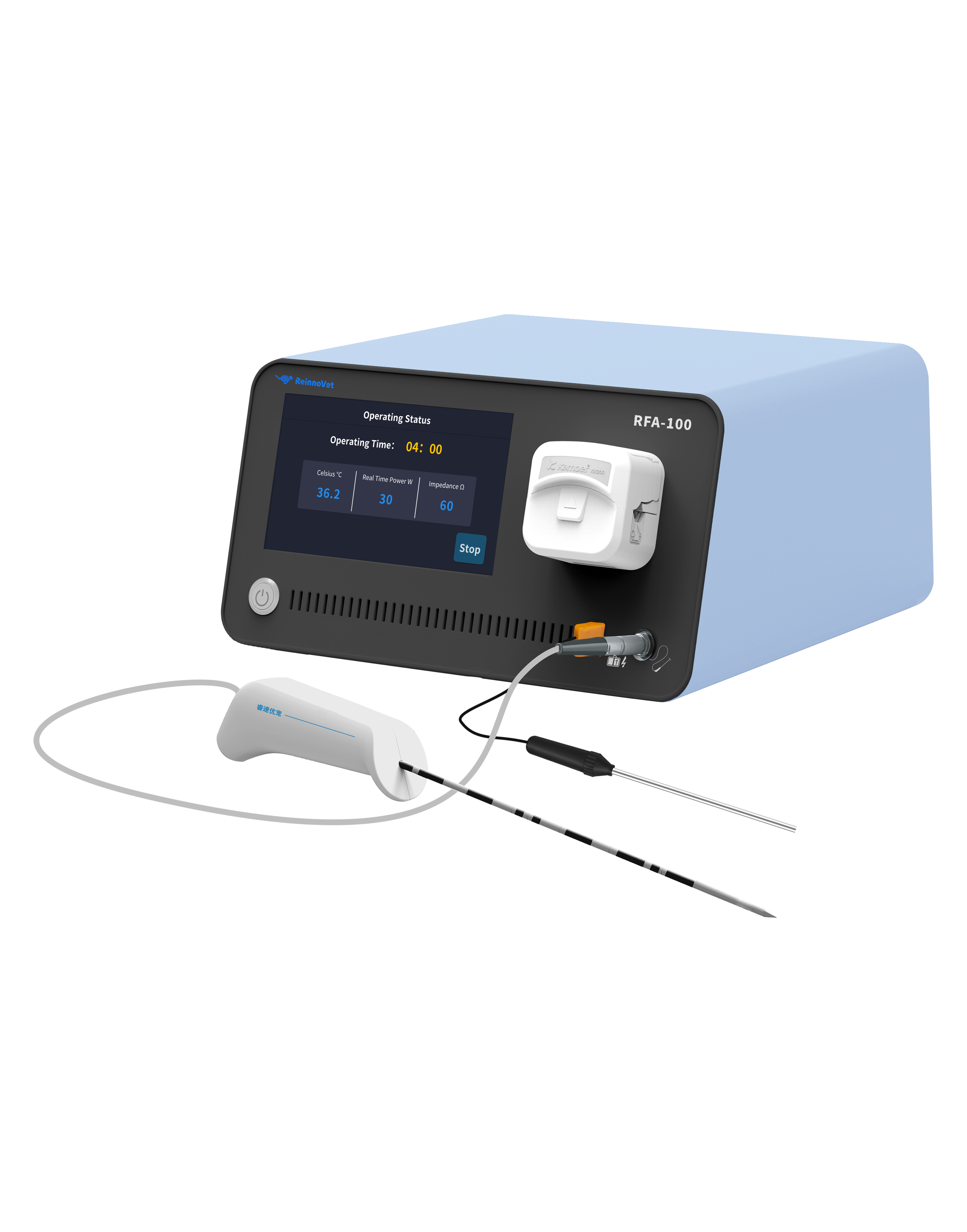 RFA-100 main unit, temperature probe and radiofrequency ablation needle