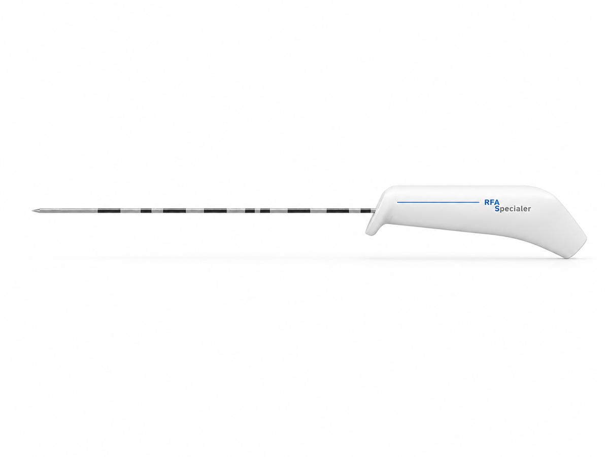 RF Ablation Needle with a light-colored handle and long metal cannula