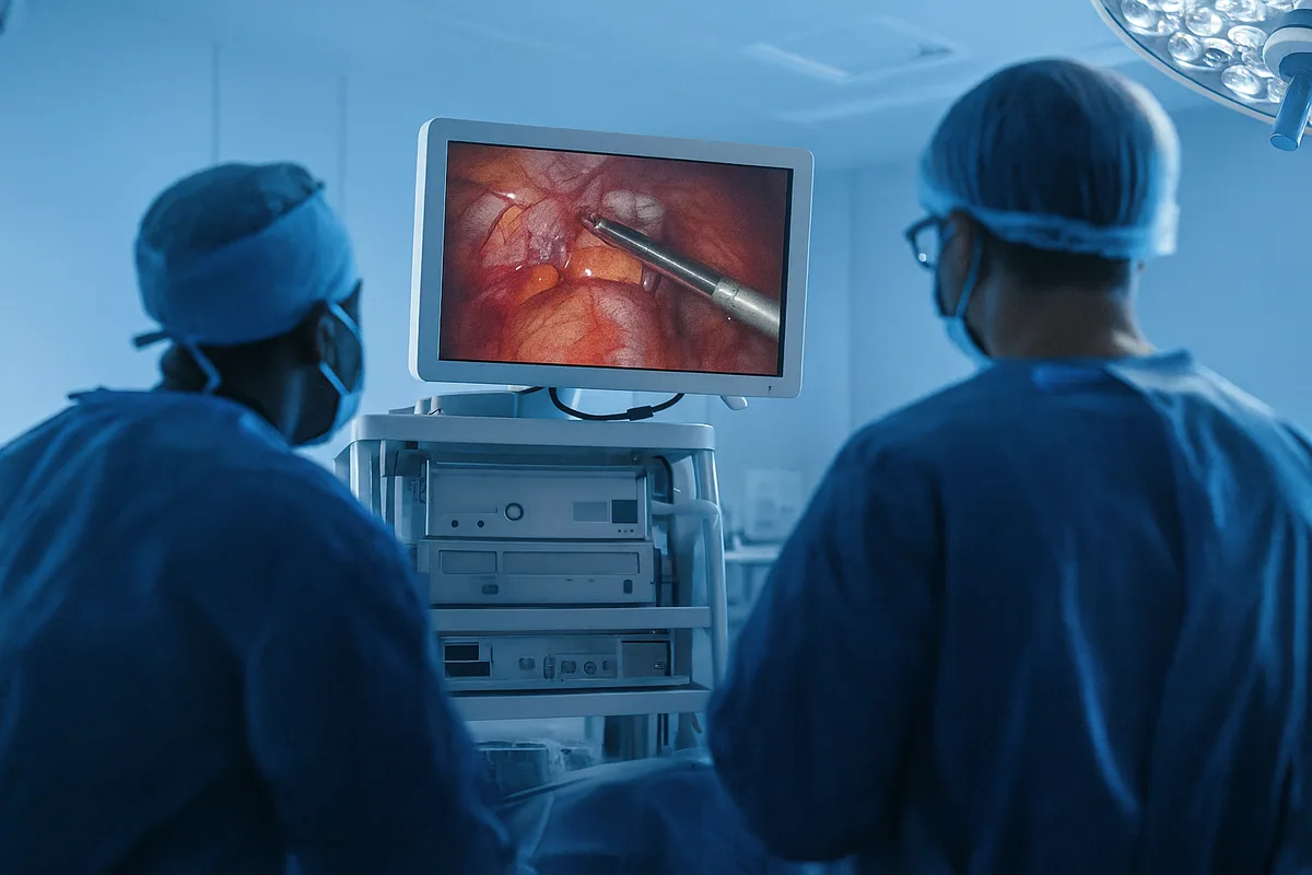 Veterinary laparoscopic surgery team reviewing a minimally invasive procedure